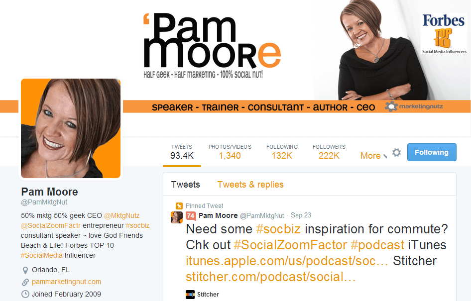 Great Twitter Profile example @PamMktgNut